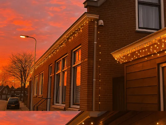 Kerstverlichting buiten langs gevel en dakgoot