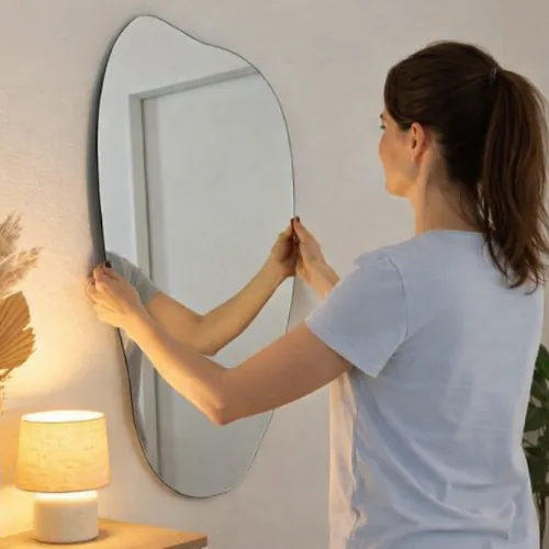 Vrouw houdt een spiegel tegen de muur