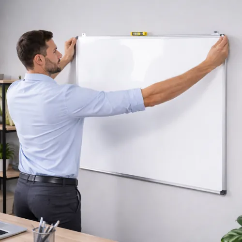 Man hangt een whiteboard op